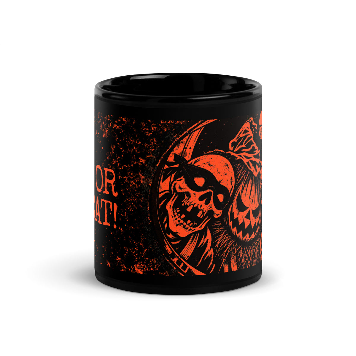 Tap or Treat black BJJ Halloween mug, front view