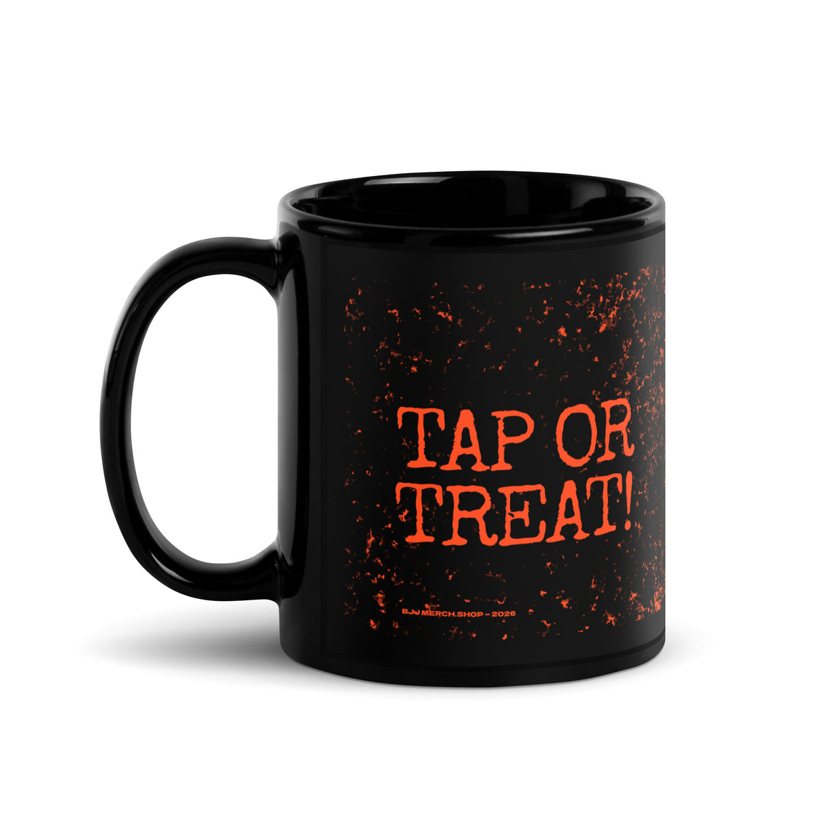 Tap or Treat black BJJ Halloween mug, handle on left